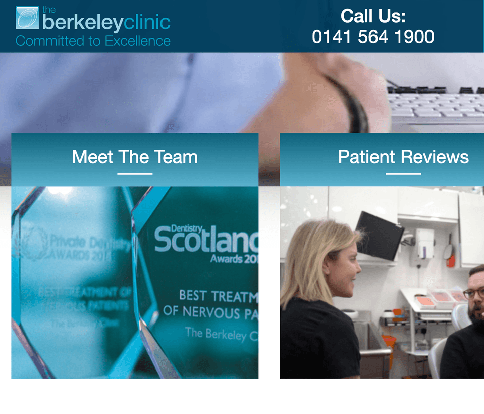 The Berkeley Clinic homepage, showing the practice branding, phone number and tiles linking to the team and patient reviews