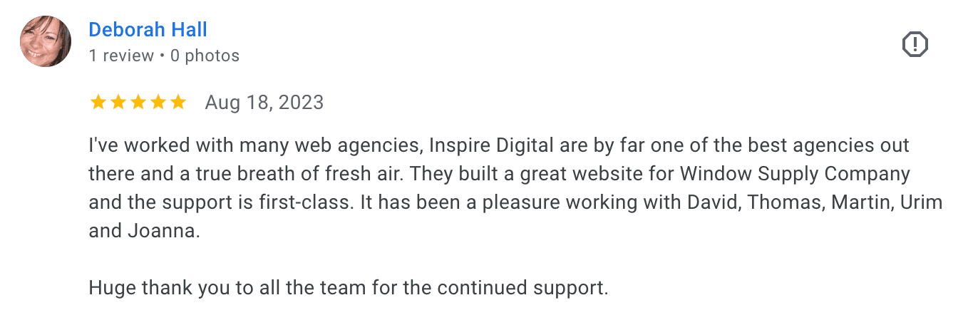 A five star Google review from Deborah Hall dated August 2023, praising the agency team including Urim