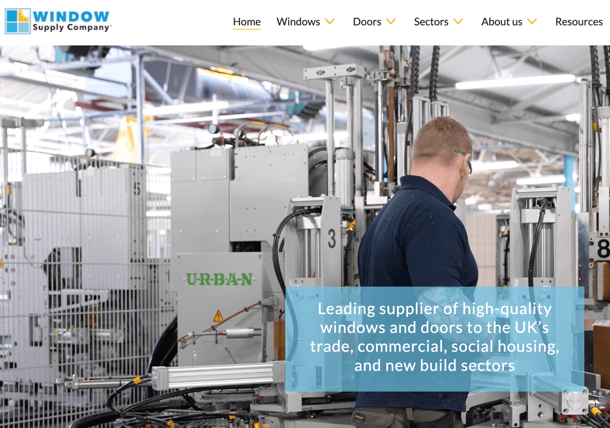 The Window Supply Company homepage, with a factory floor photograph and a headline about supplying windows and doors to the UK trade